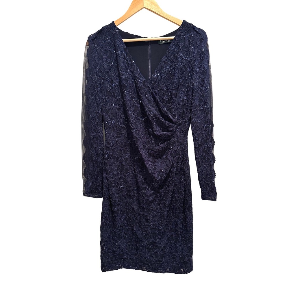 Lauren Ralph Lauren Navy Sequin Lace Surplice Sheath Dress 12 Evening Cocktail